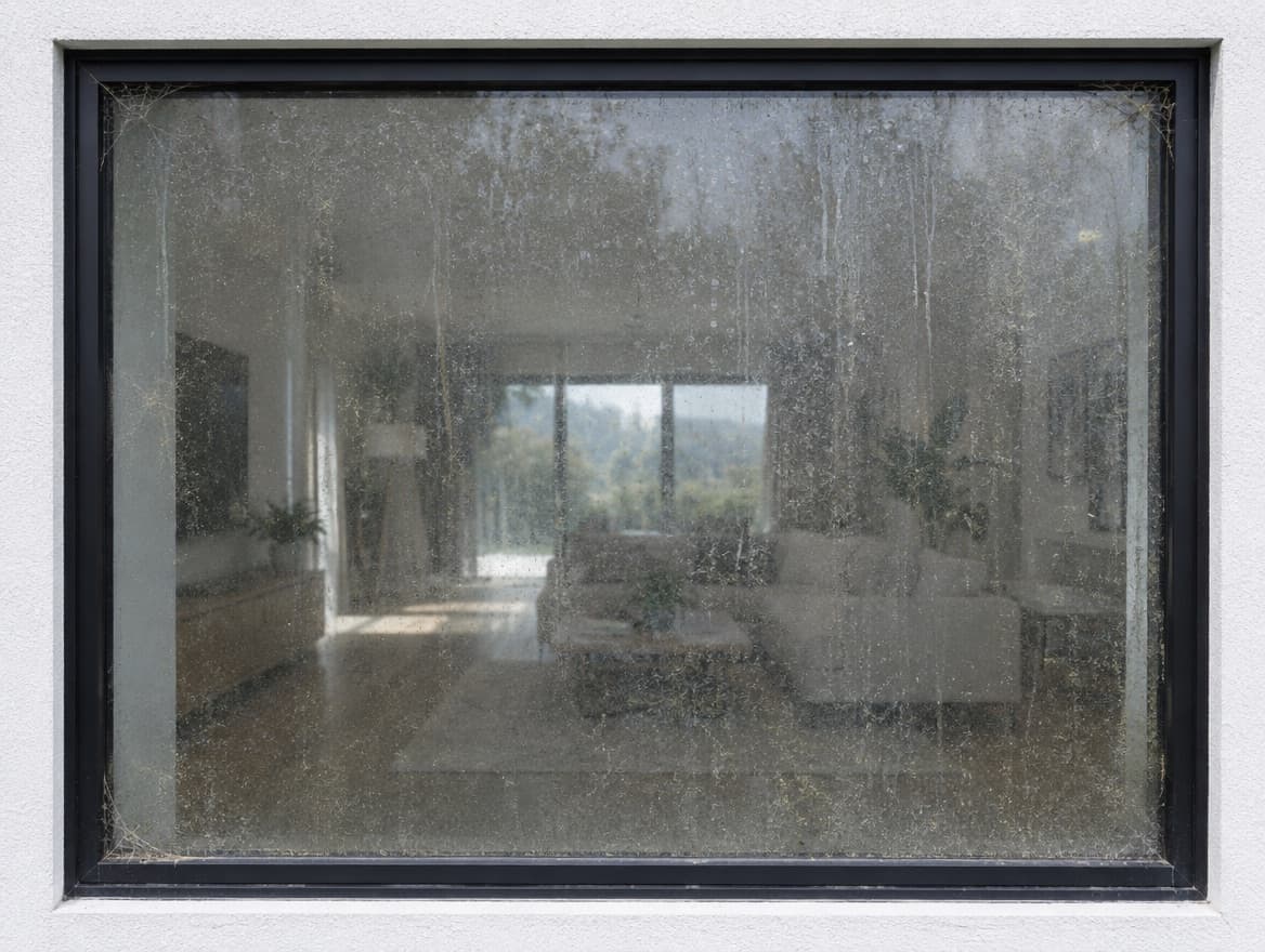 A dirty window being squeegeed clean
