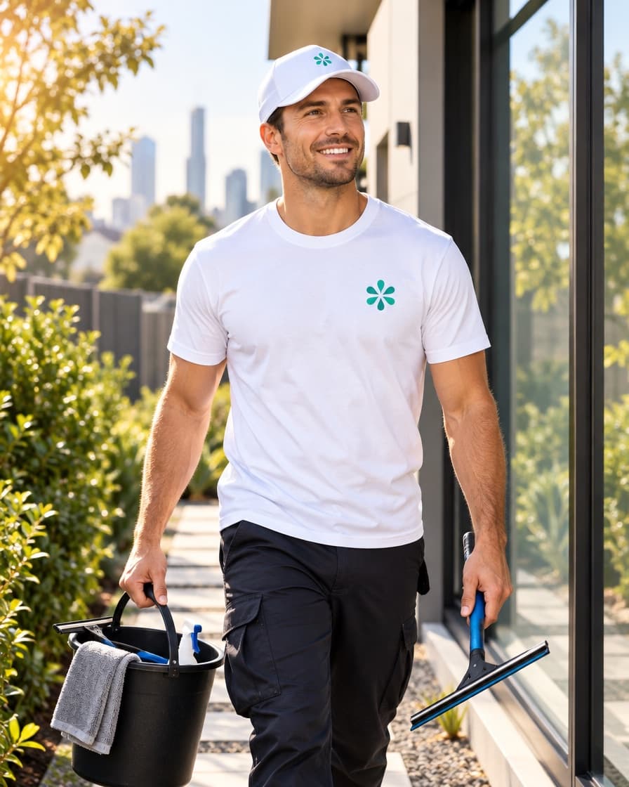 A Beqiraj Cleaning team member heading to a job with a bucket and squeegee